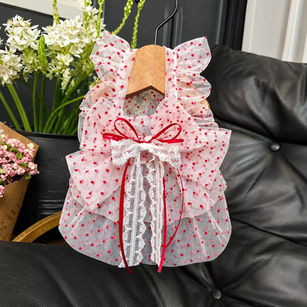 Red Polka-Dot Pet Dress with Leash Ring for Dogs and Cats