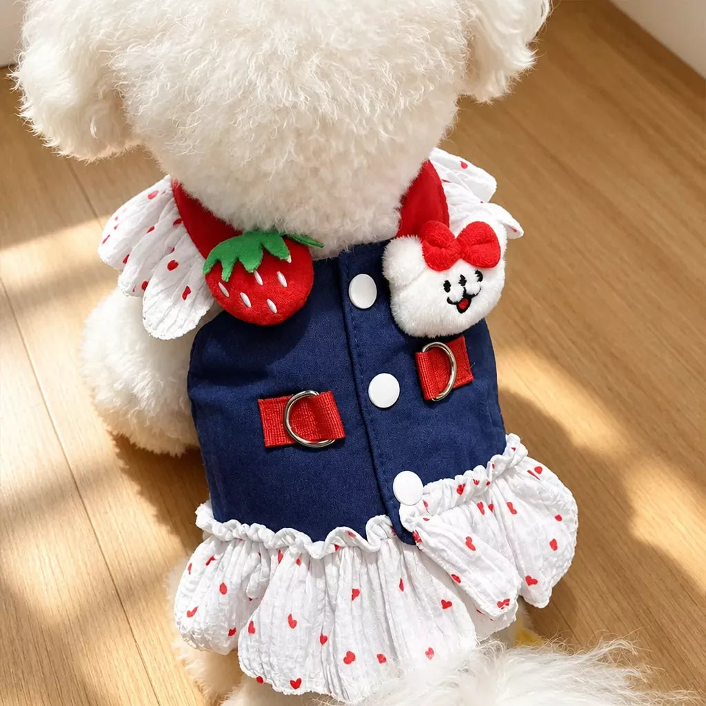 Cotton Denim-Style Pet Dress with Harness and Leash