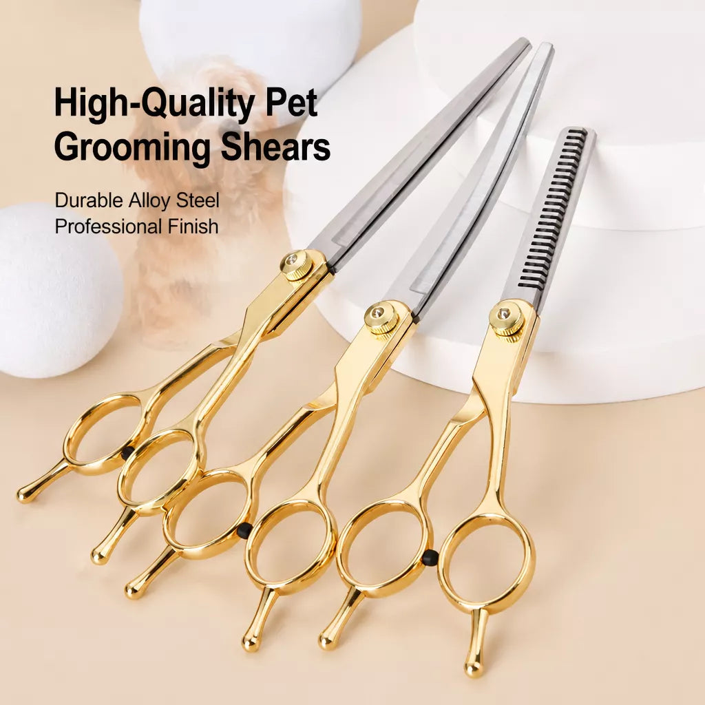 Dog Grooming Shears Set with Thinning, Curved & Straight Shears