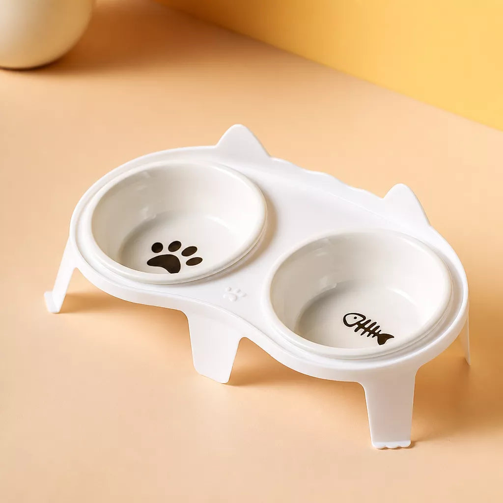 Elevated Double-Bowl Ceramic Cat Feeding Set