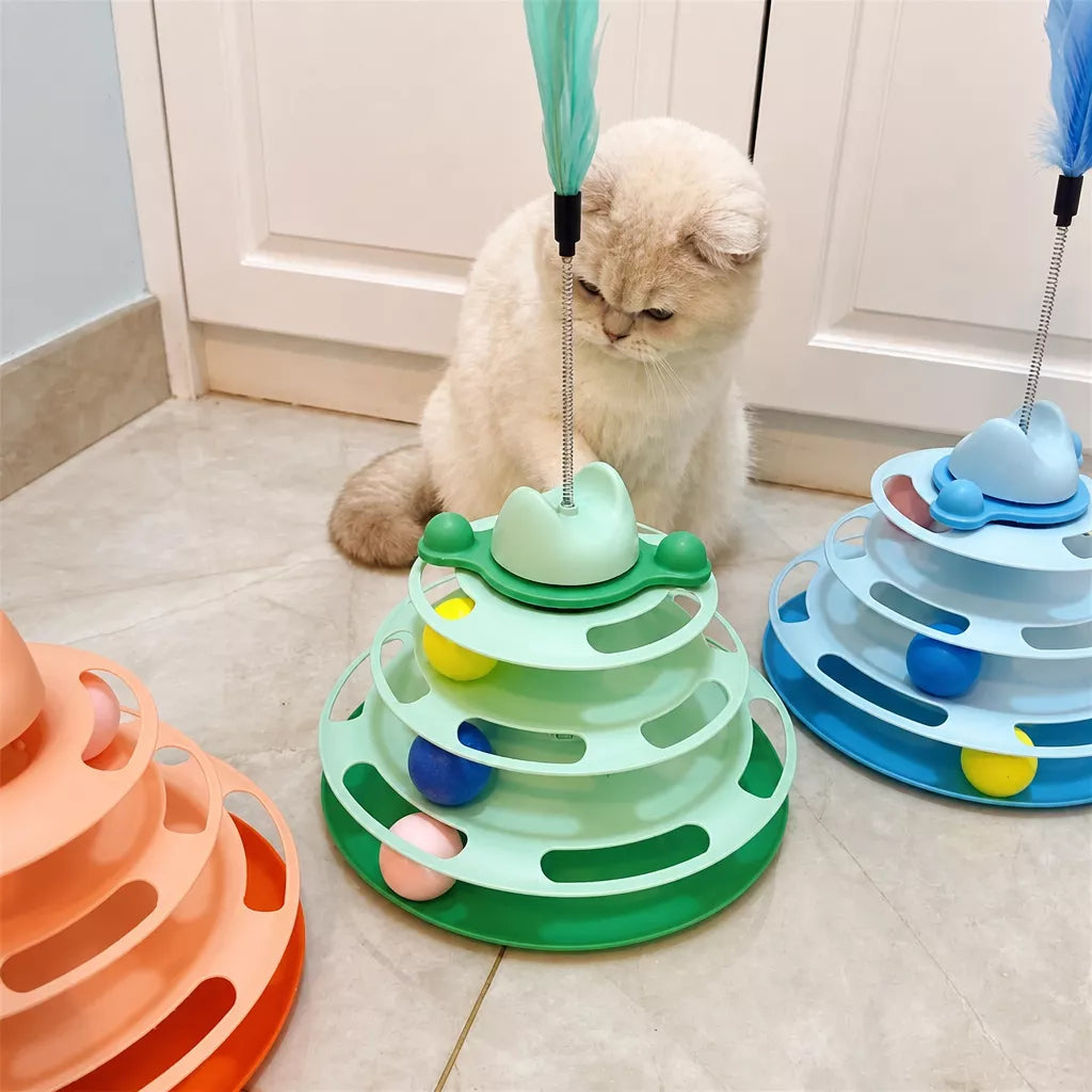 Cat Spinning Wheel Toy with Feather Wand and Play Balls