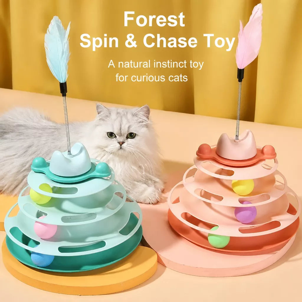 Cat Spinning Wheel Toy with Feather Wand and Play Balls