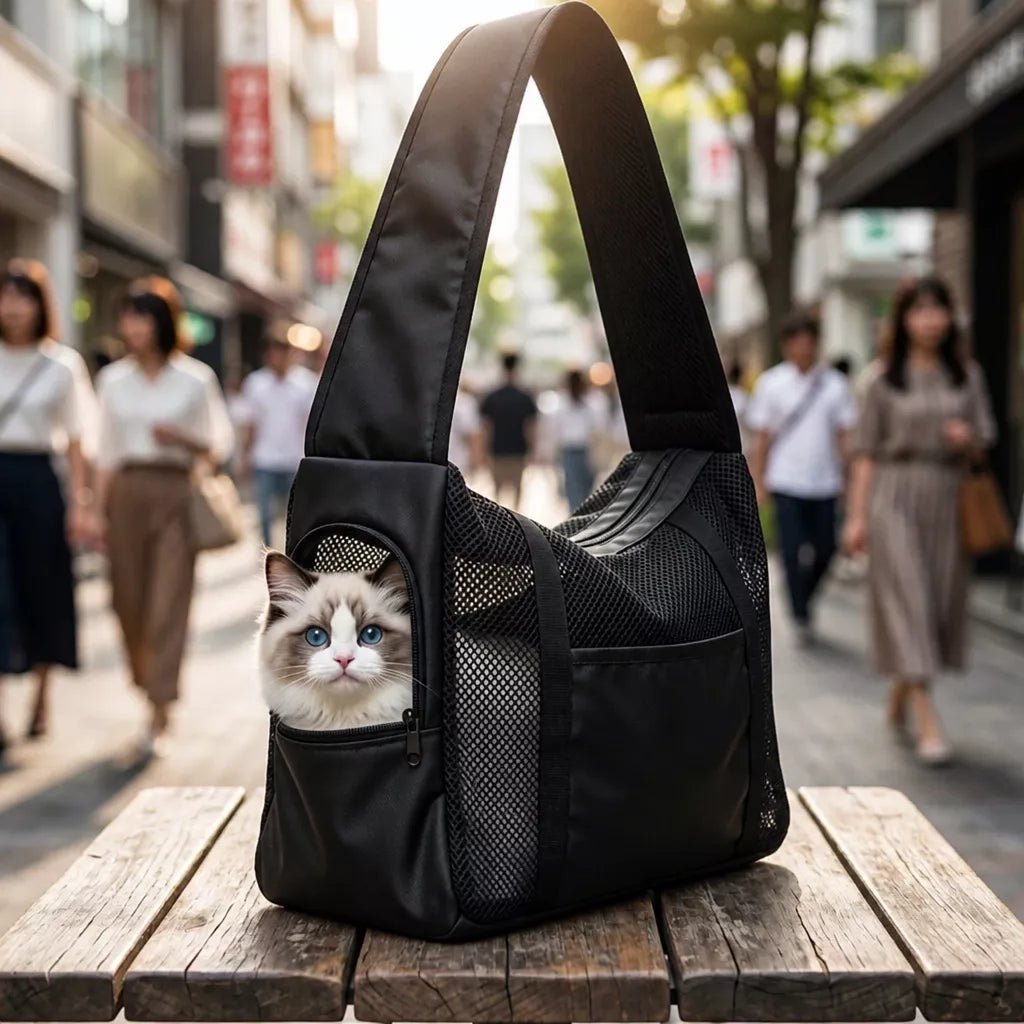 Faux Leather Mesh Crossbody Pet Carrier for Small Cats and Dogs