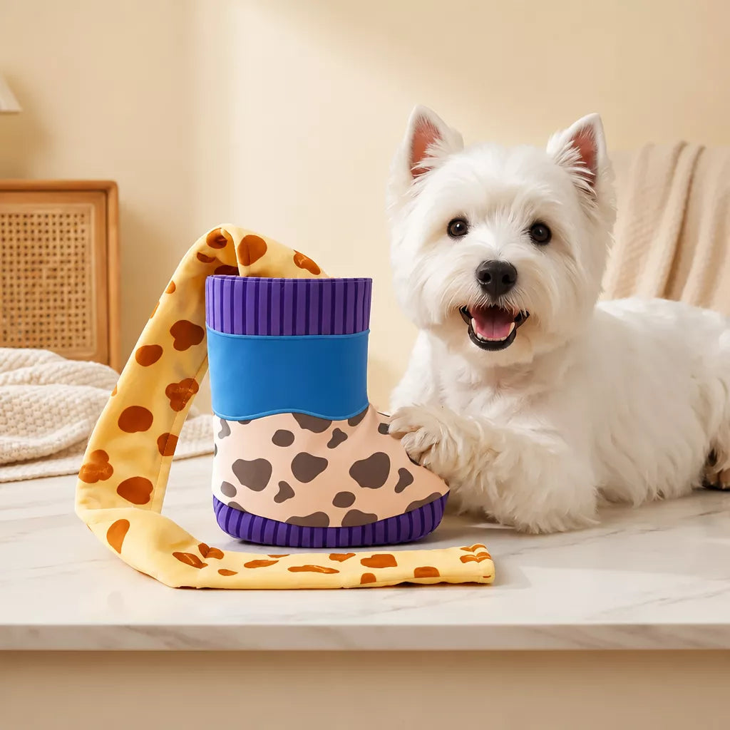 Dog Boot-Shaped Snuffle Toy with Treat Pockets and Squeaker