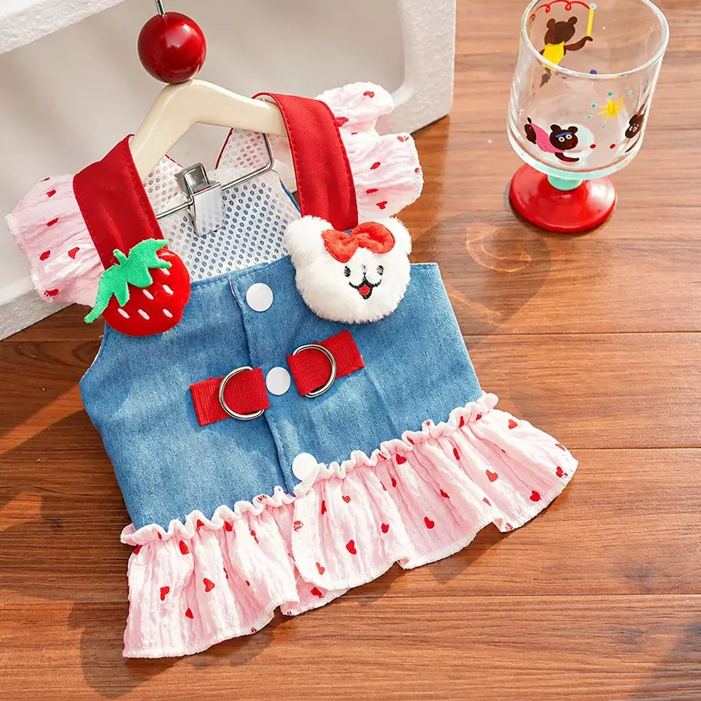 Cotton Denim-Style Pet Dress with Harness and Leash