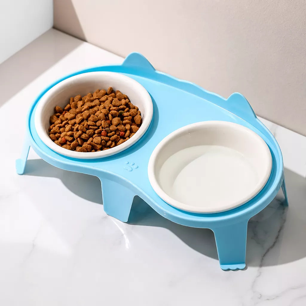 Elevated Double-Bowl Ceramic Cat Feeding Set