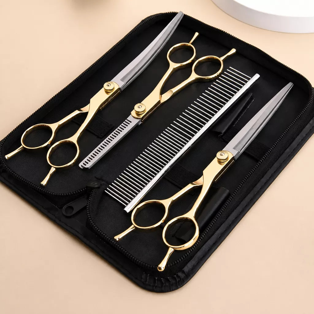 Dog Grooming Shears Set with Thinning, Curved & Straight Shears