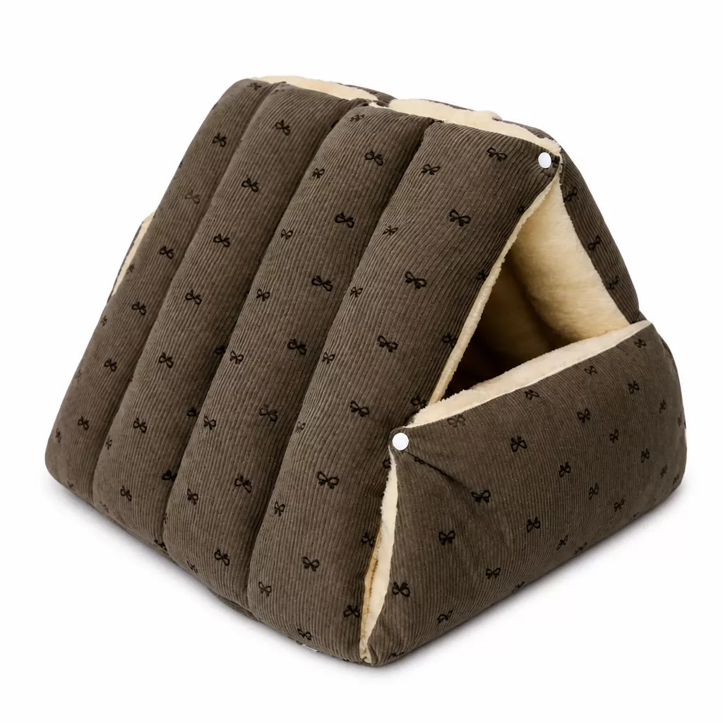 Semi-Enclosed Corduroy Pet Tent Bed for Cats & Dogs