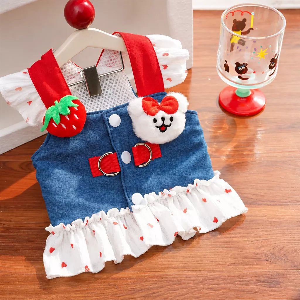 Cotton Denim-Style Pet Dress with Harness and Leash